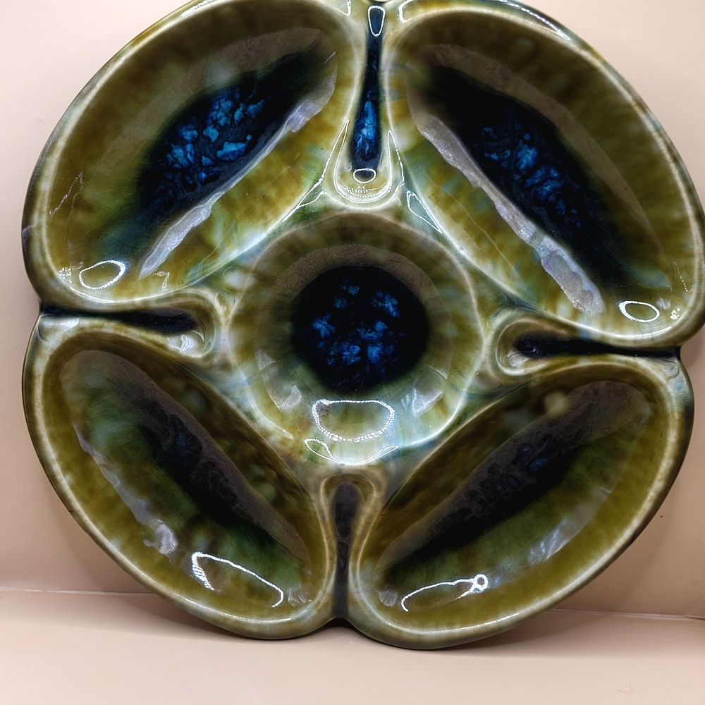 Vintage McCoy Pottery Divided Vegetable Chip Dip Platter Green Glaze MCP 906 USA
